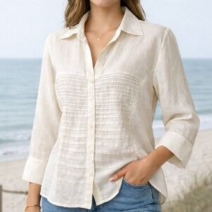 Sara I. 100% Linen Textured Button-Up Blouse XL Pintuck Neutral • Resort